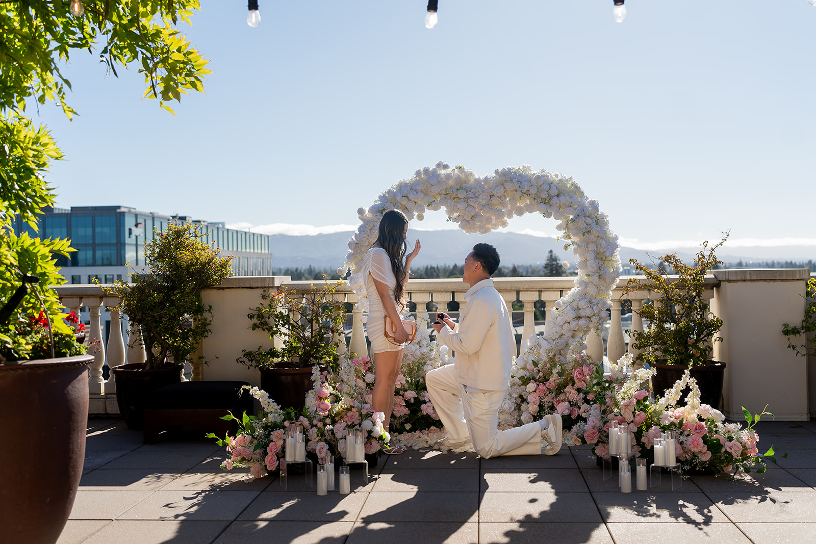Couple celebrating their engagement at Cielo Rooftop at Santana Row in San Jose