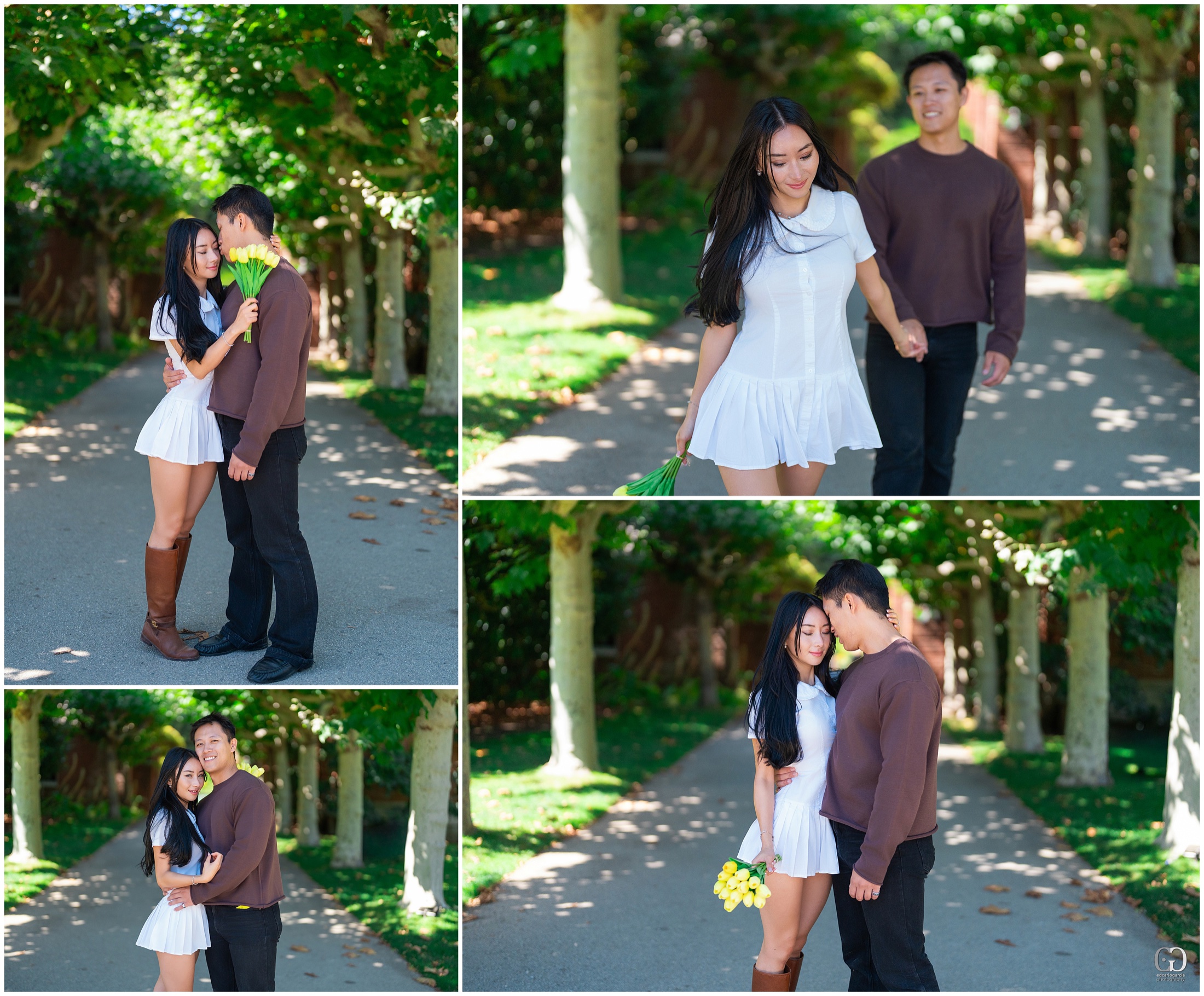 Ernest and Alexandra walking and posing with yellow tulips beneath the trees at Filoli
