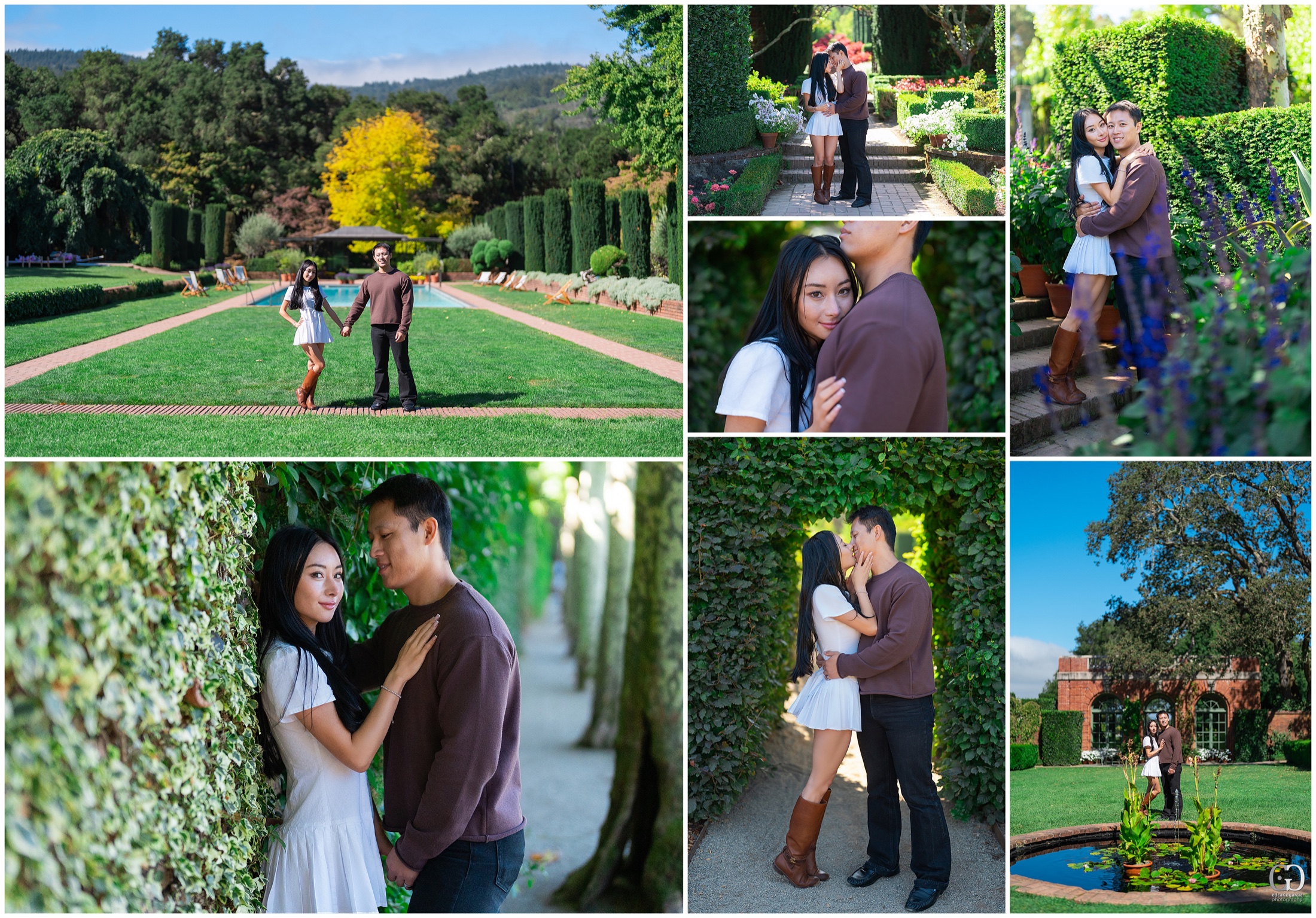 Ernest and Alexandra photographed among Filoli’s formal gardens, pool, hedges, and garden house