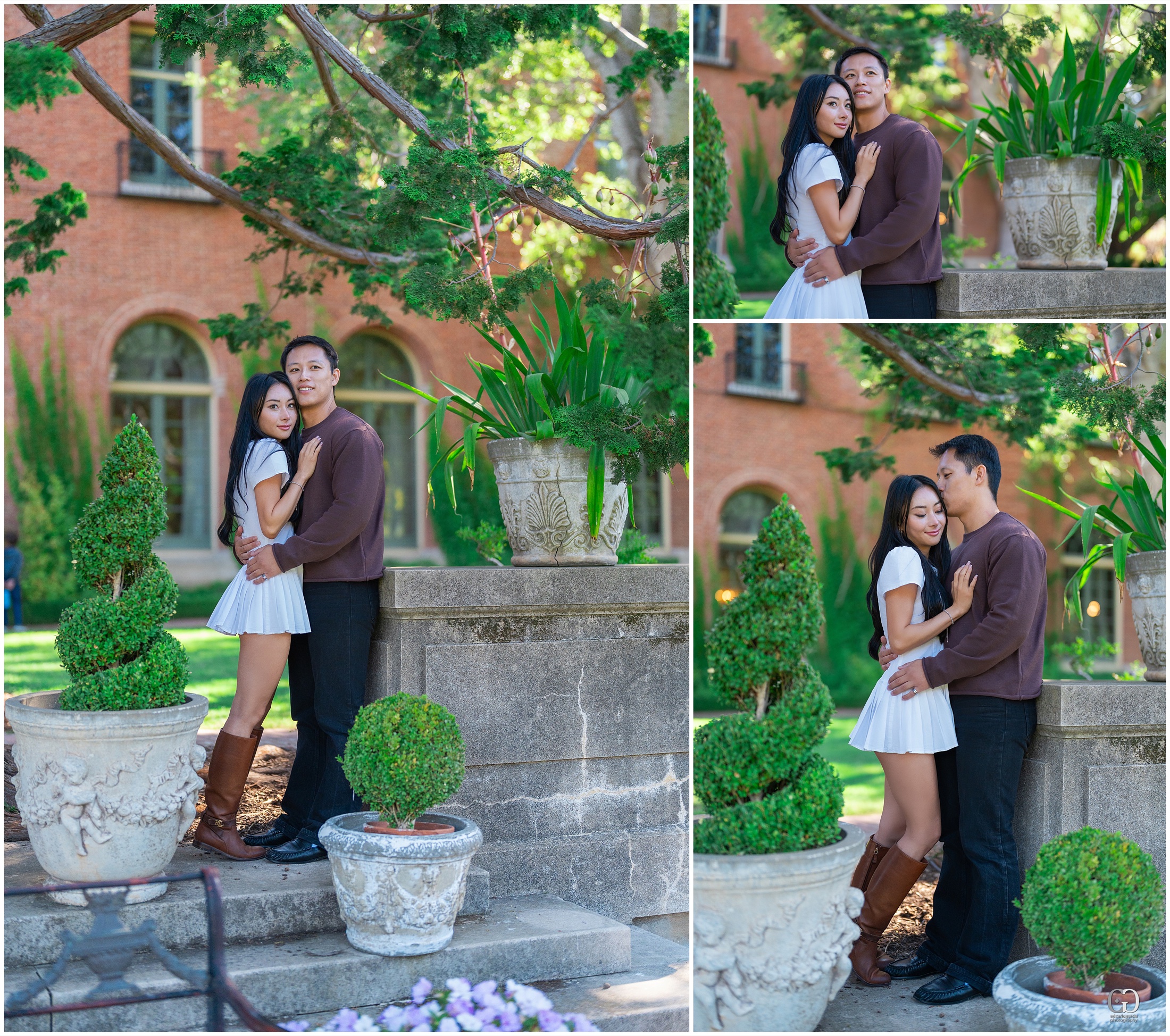Ernest and Alexandra’s portraits beside Filoli’s historic brick house and sculpted topiary