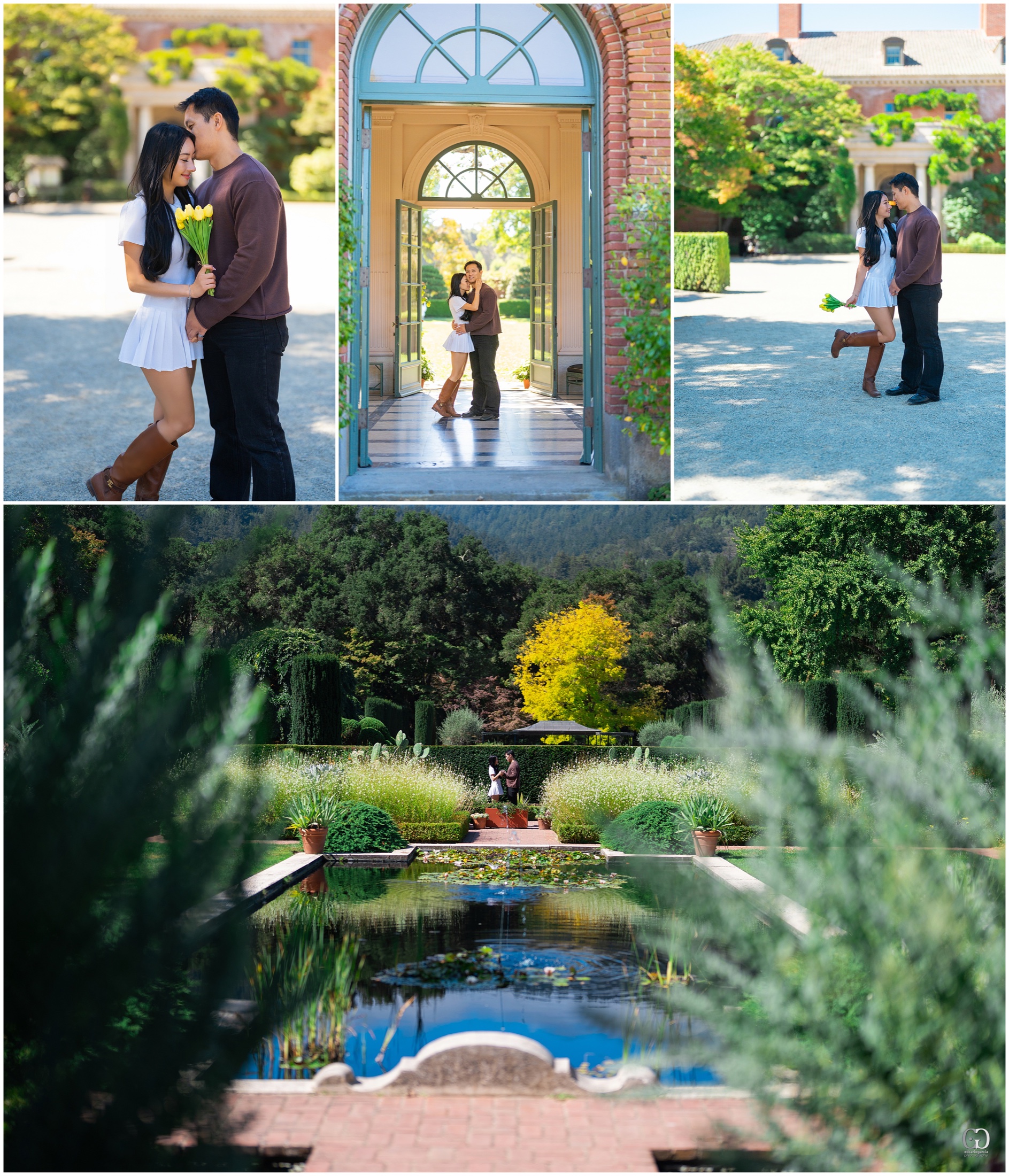 Ernest and Alexandra framed by Filoli’s doorway, courtyard, and reflecting garden