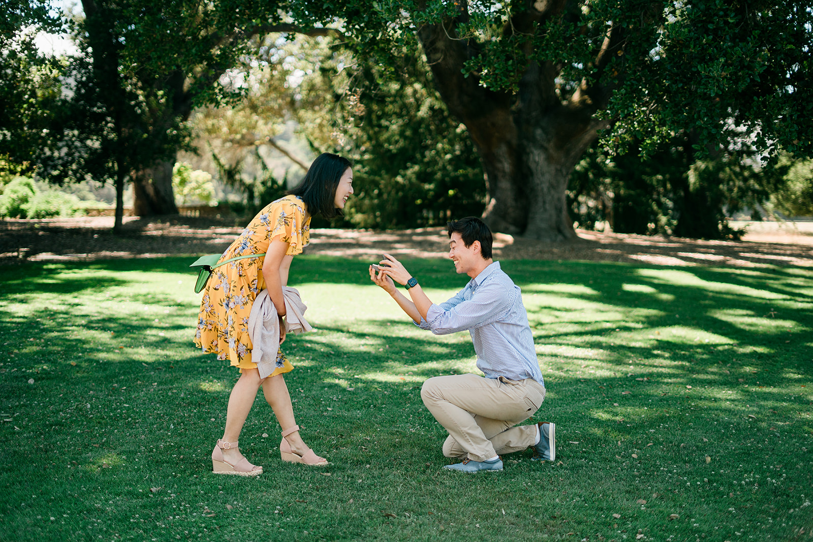 Jee and Eubene during their surprise proposal beneath mature trees at Filoli in Woodside
