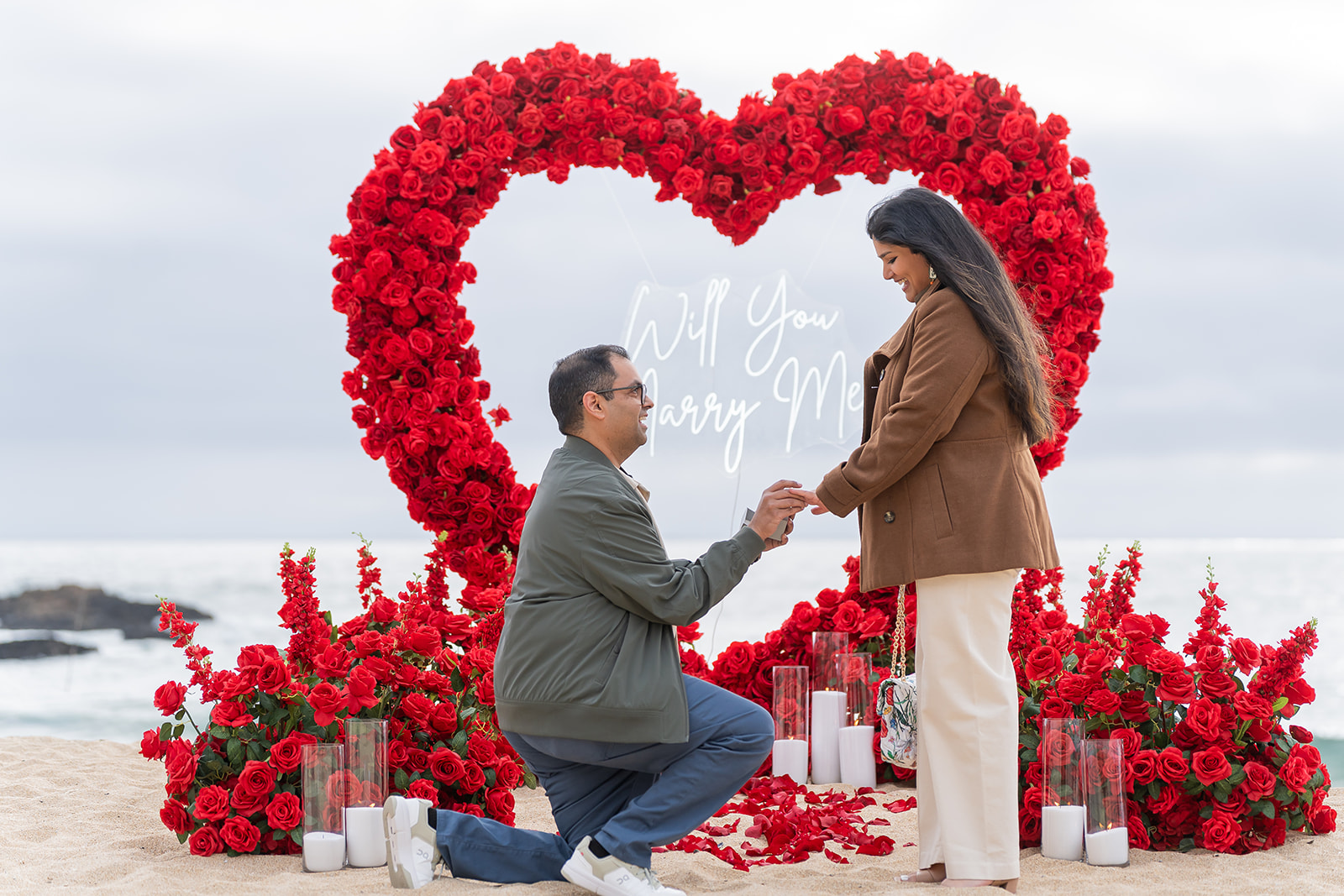 Surprise proposal photography at Montara State Beach near Half Moon Bay