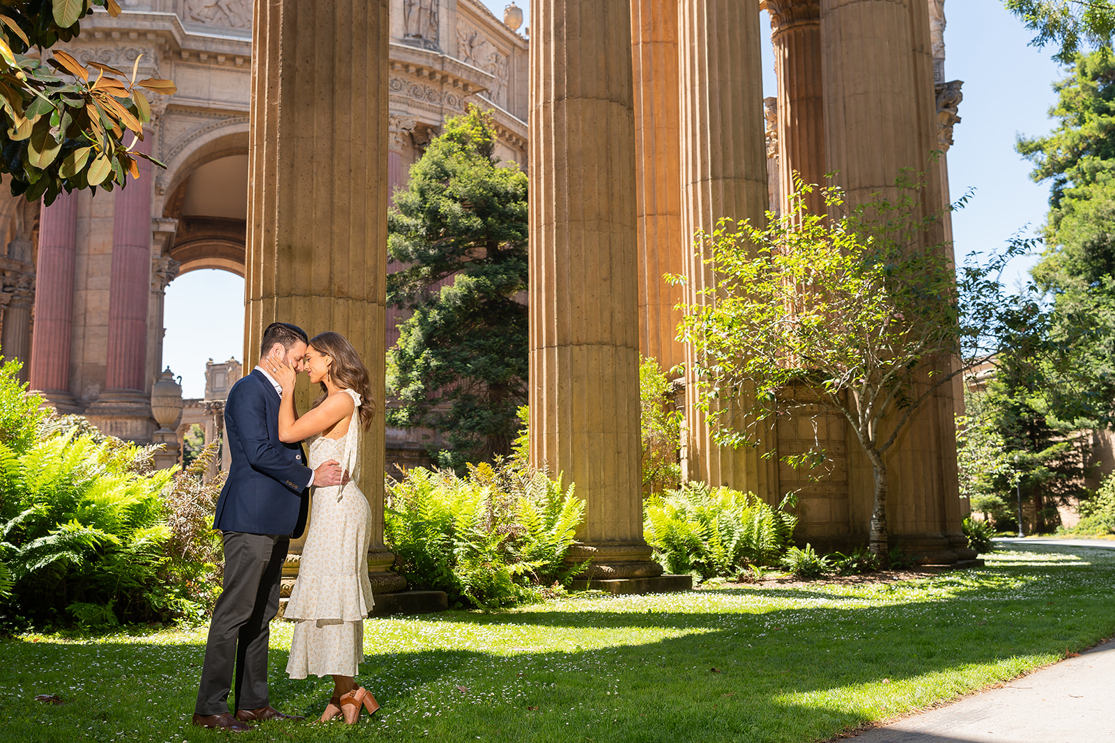 Couple celebrating their engagement at the Palace of Fine Arts