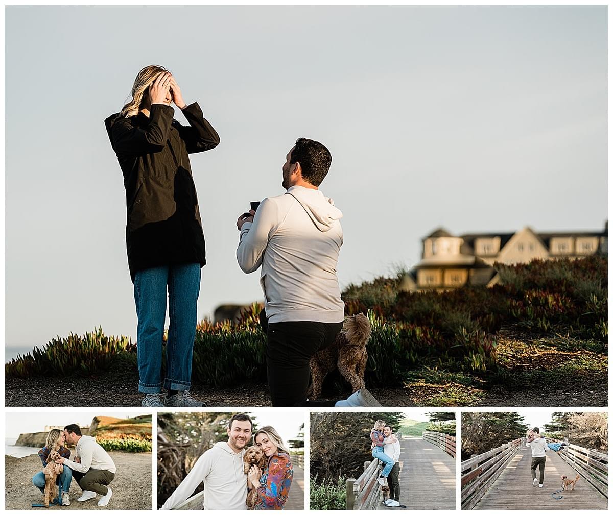 Couple celebrating a coastal surprise proposal in Half Moon Bay