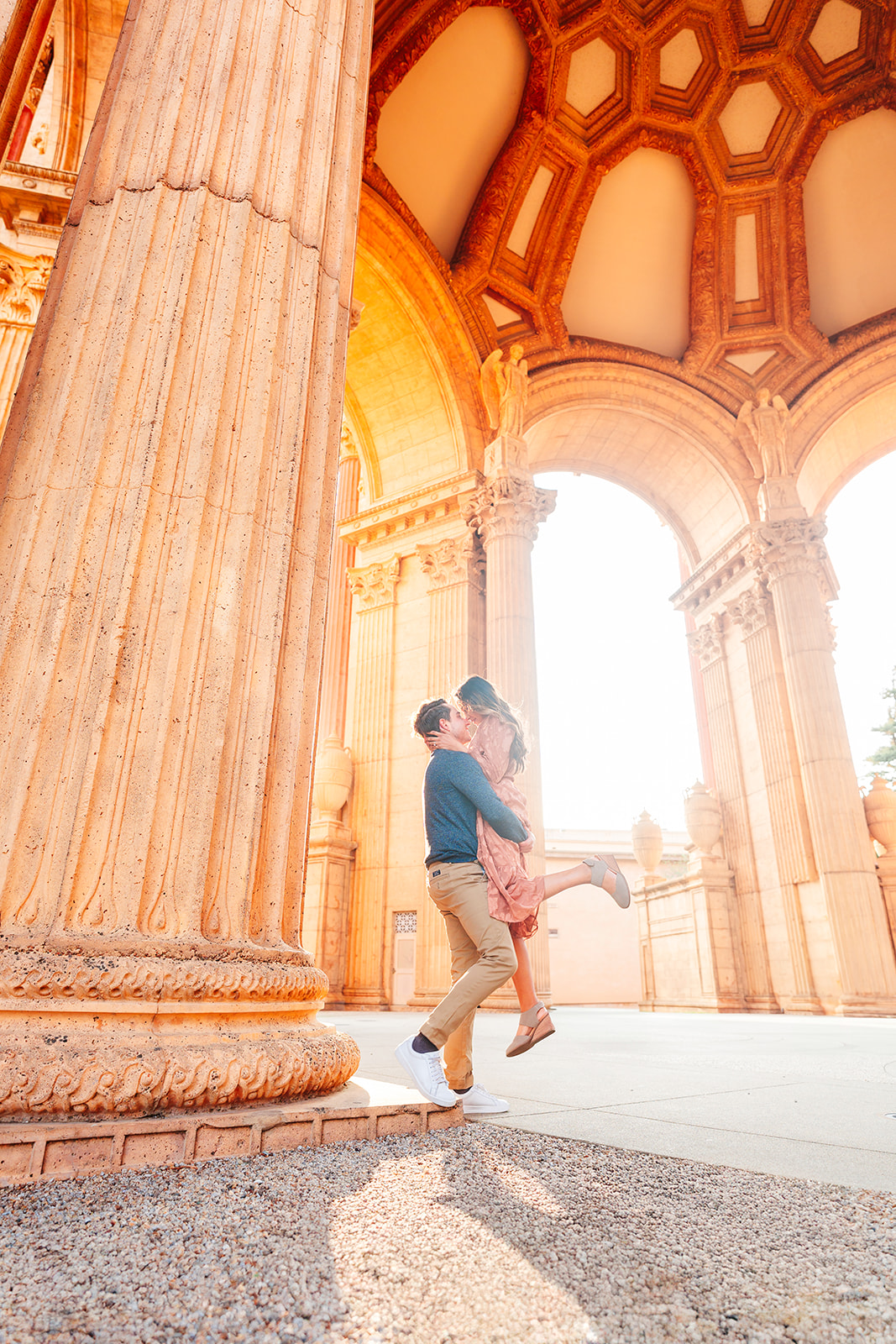 Vincent and Shalina embracing after their Palace of Fine Arts proposal
