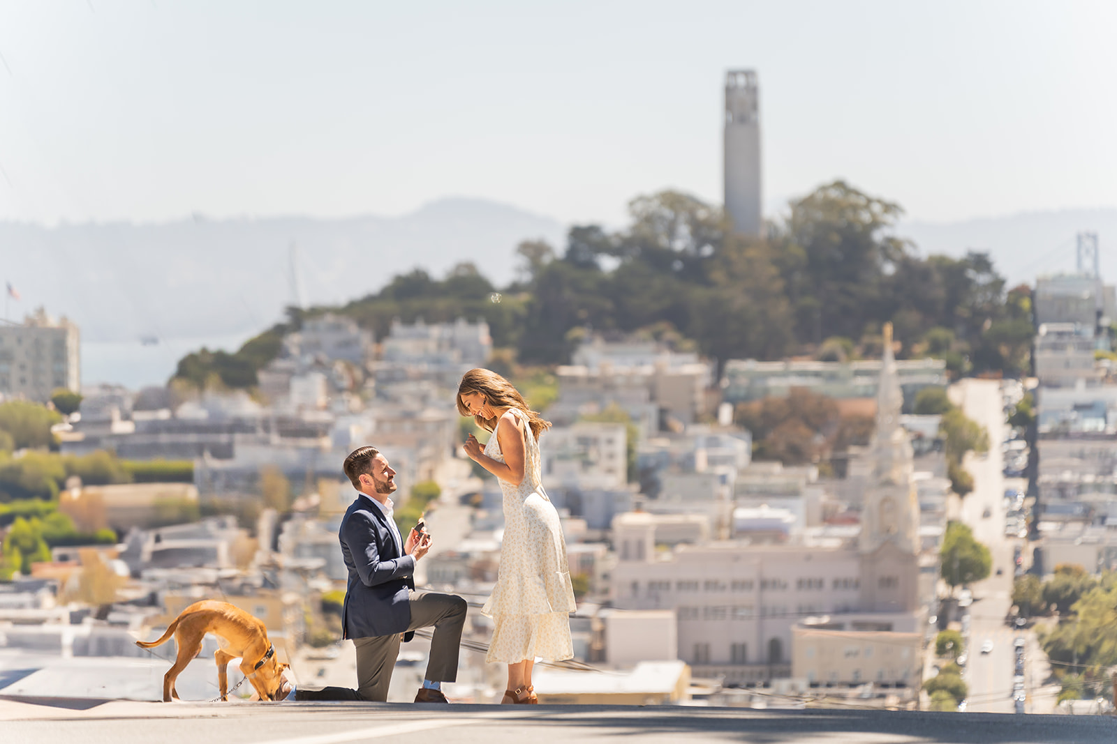 A couple celebrating their surprise proposal in the San Francisco Bay Area